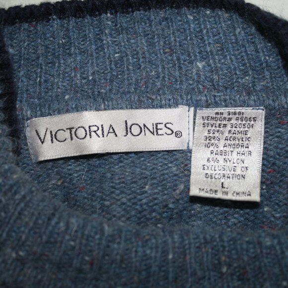 VICTORIA JONES Sweater Angora Blend Snowman Reindeer Embellished Heather Blue L - Picture 6 of 12